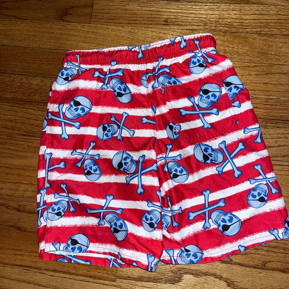 Boys Swim red & white stripe with pirate skulls swim suit